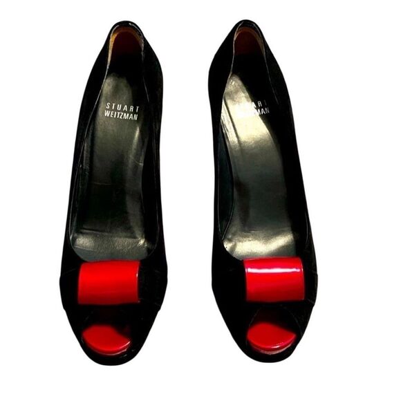 Stuart Weitzman Black Red Lacquer Pin Up Goth Vamp Peep Toe platform Heel 8 - Picture 2 of 15